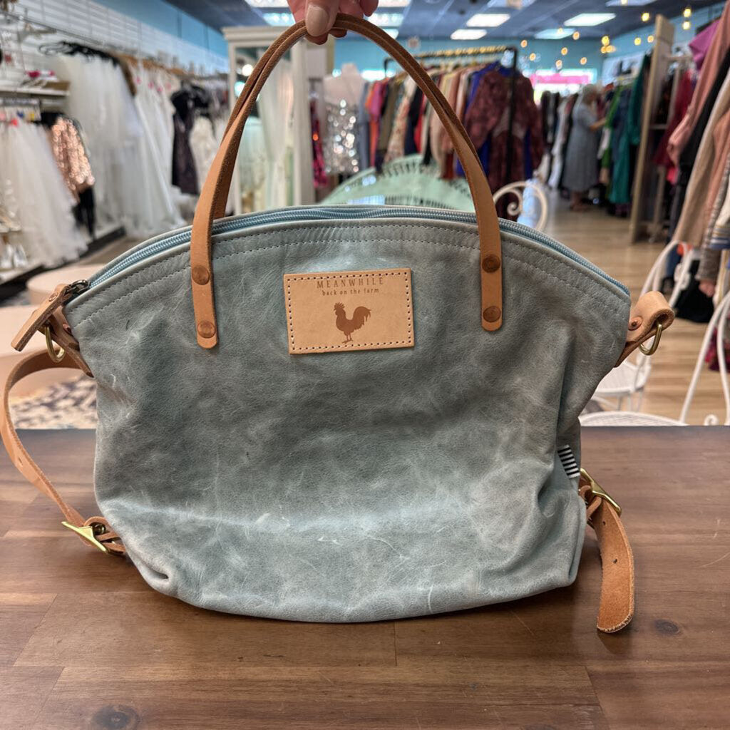 Meanwhile Back On The Farm Blue Leather Brown Trim Convertible Backpack Purse