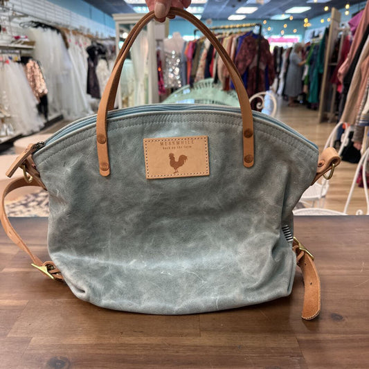 Meanwhile Back On The Farm Blue Leather Brown Trim Convertible Backpack Purse