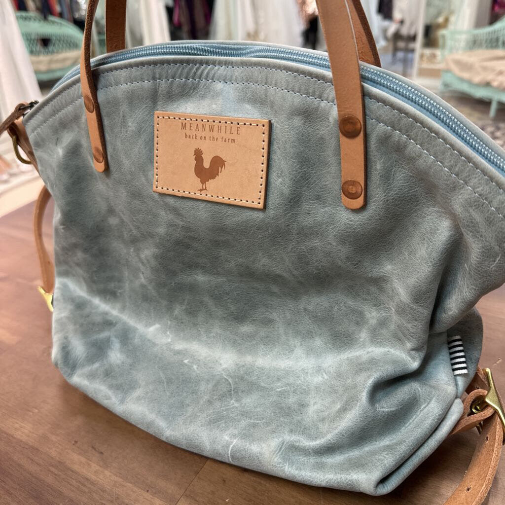 Meanwhile Back On The Farm Blue Leather Brown Trim Convertible Backpack Purse