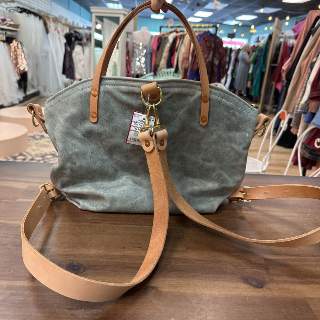 Meanwhile Back On The Farm Blue Leather Brown Trim Convertible Backpack Purse