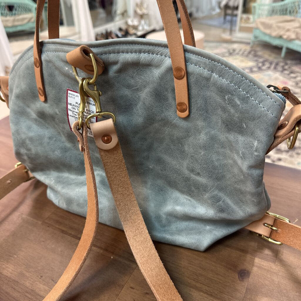 Meanwhile Back On The Farm Blue Leather Brown Trim Convertible Backpack Purse