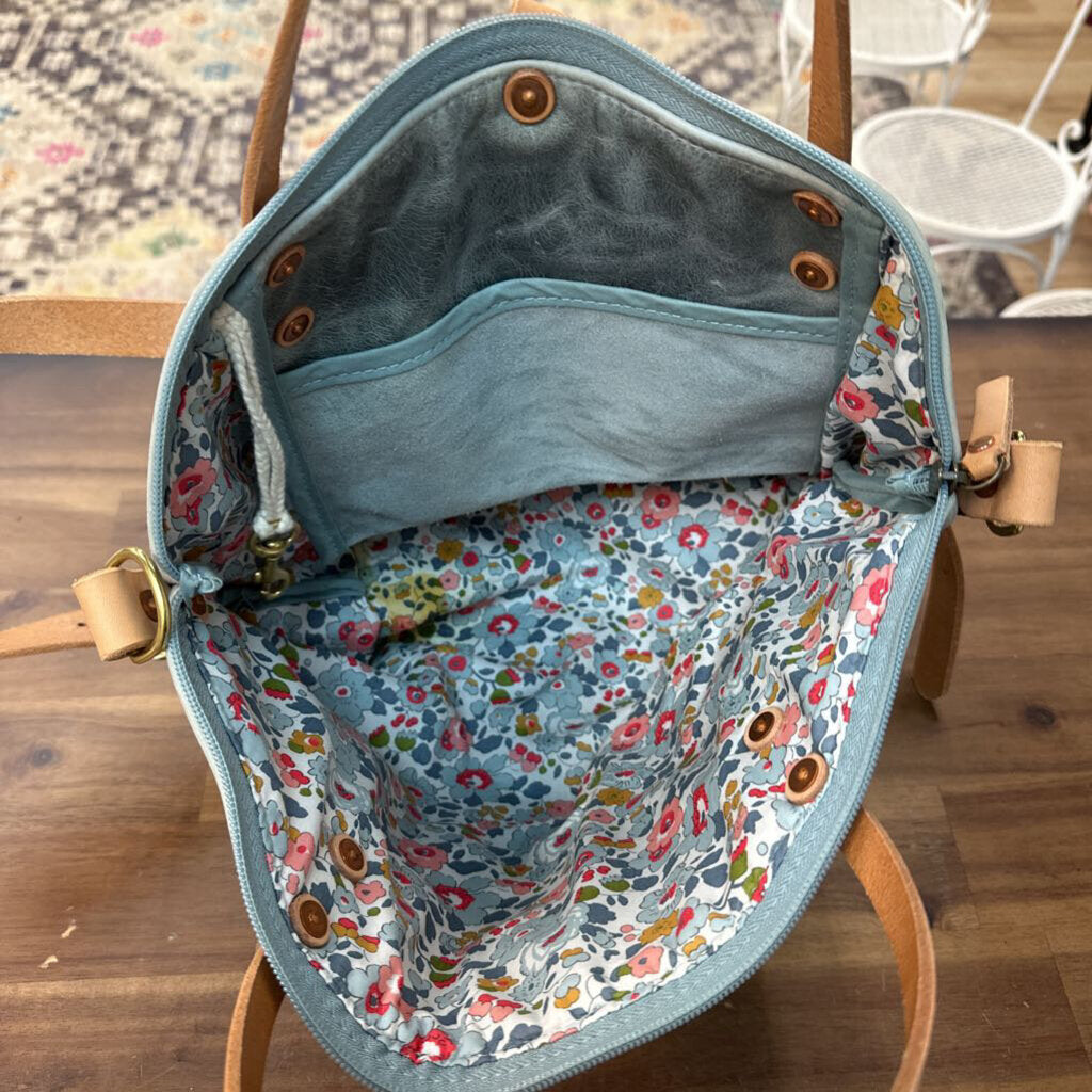 Meanwhile Back On The Farm Blue Leather Brown Trim Convertible Backpack Purse