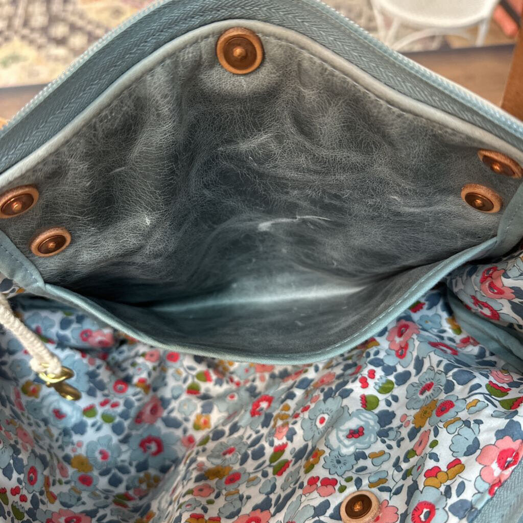 Meanwhile Back On The Farm Blue Leather Brown Trim Convertible Backpack Purse