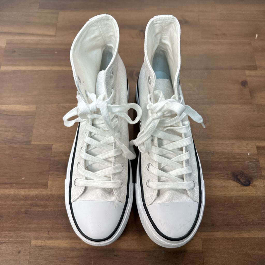 White Pebbled Leather Platform High Top Sneakers 8