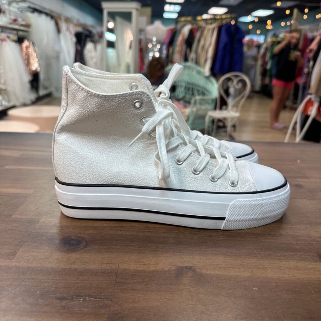 White Pebbled Leather Platform High Top Sneakers 8