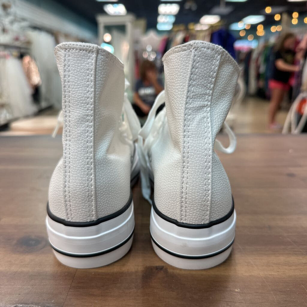White Pebbled Leather Platform High Top Sneakers 8