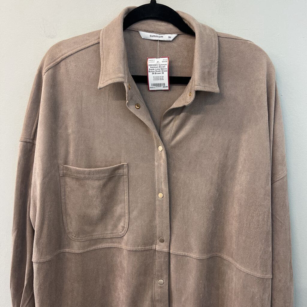 Summum Brown Suede Long Sleeve Button Down Dress 36
