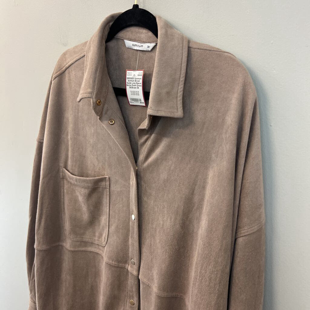 Summum Brown Suede Long Sleeve Button Down Dress 36