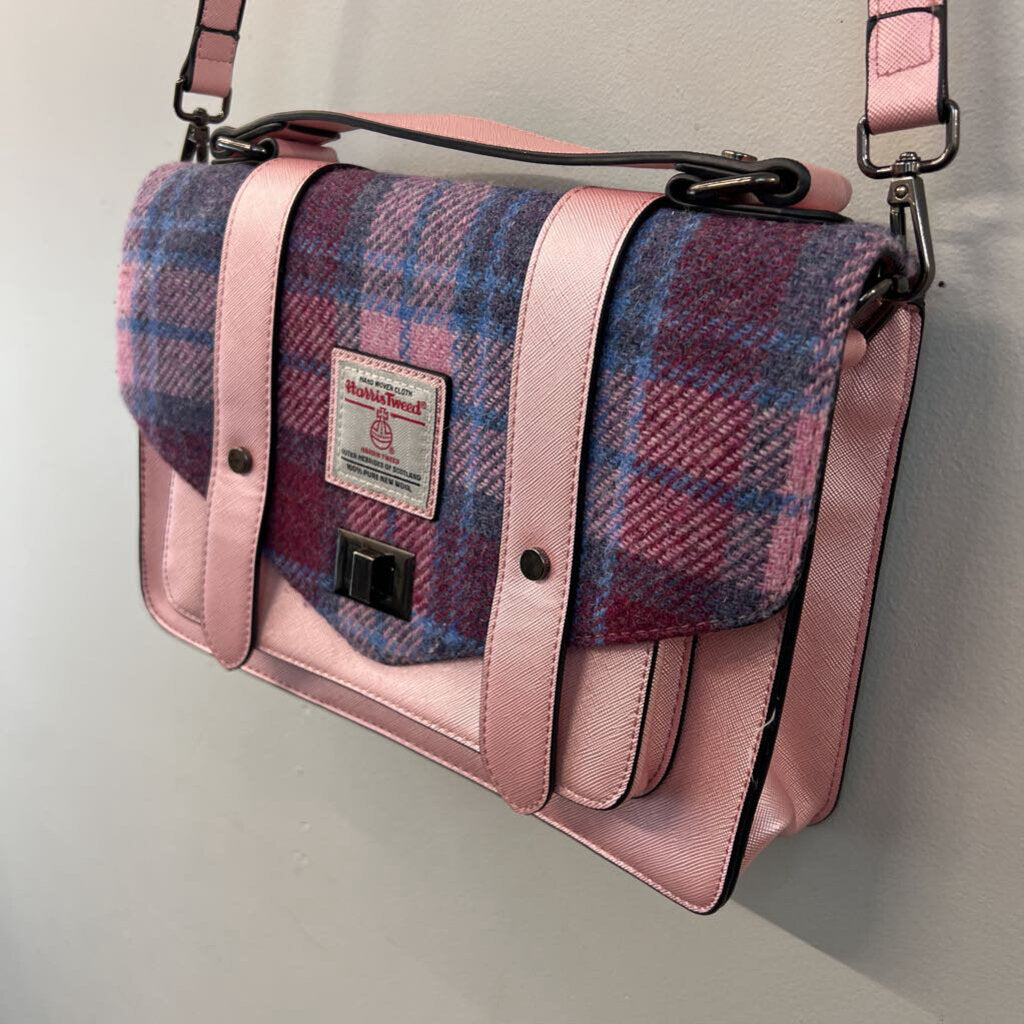 Harris Tweed Pink/ Blue Tartan Large Satchel Purse