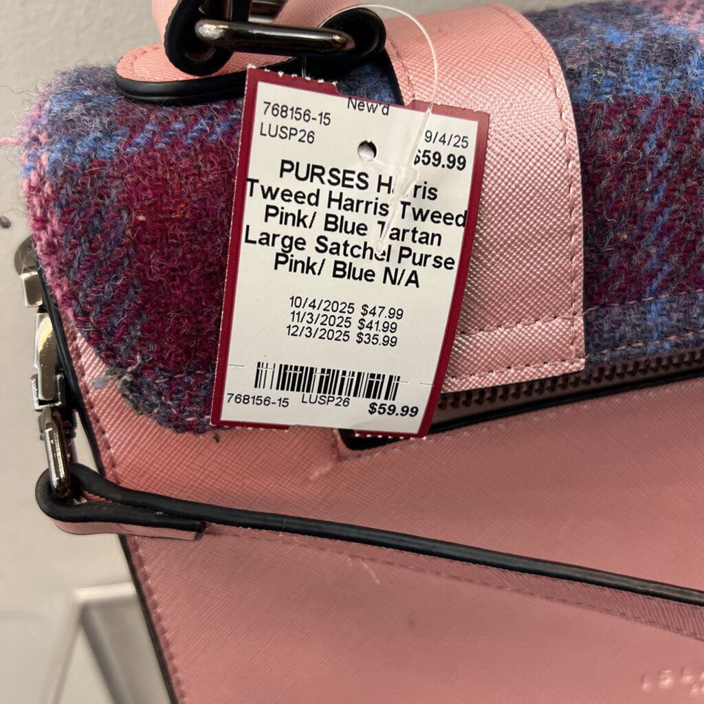 Harris Tweed Pink/ Blue Tartan Large Satchel Purse