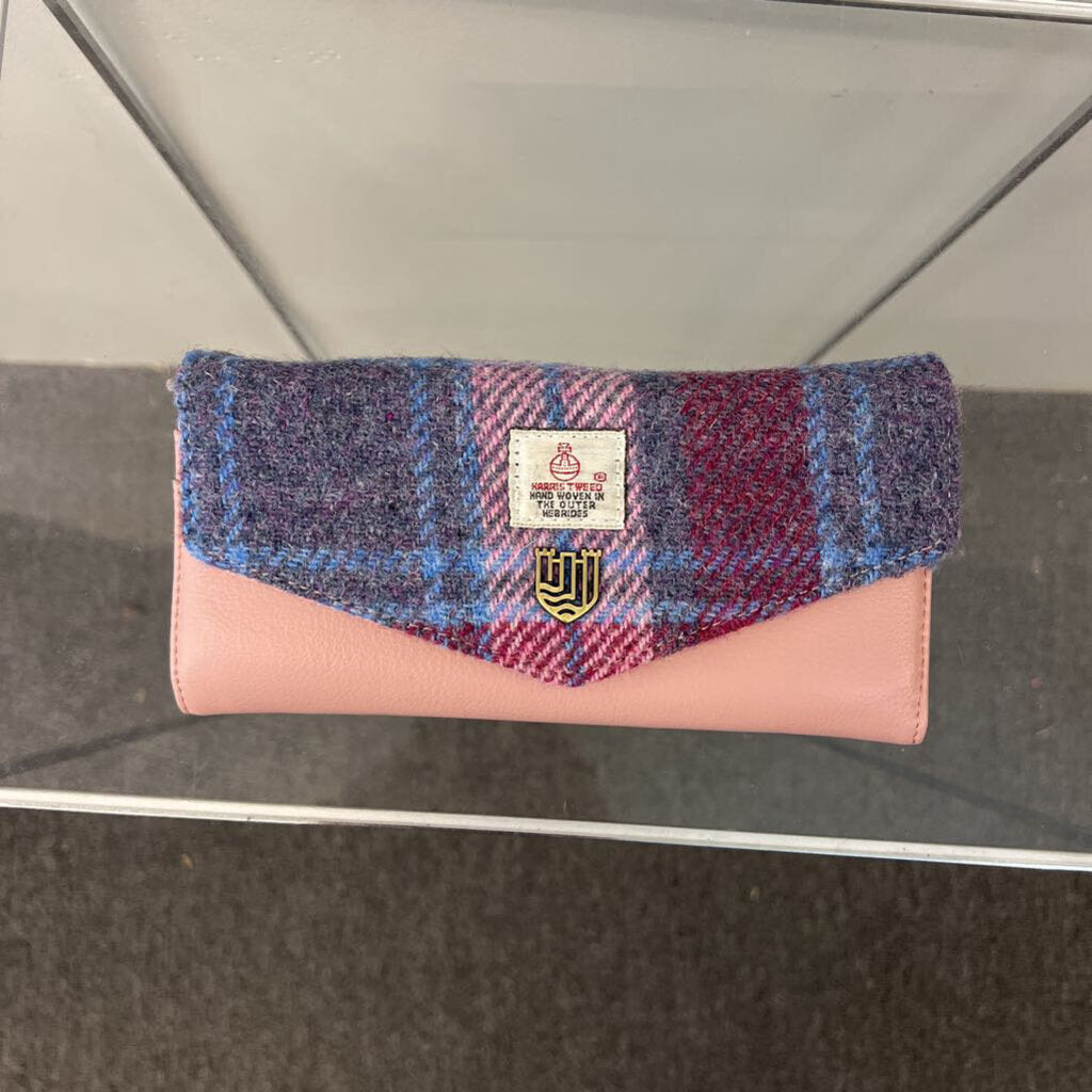 Harris Tweed Pink/ Blue Tartan Fold Over Wallet