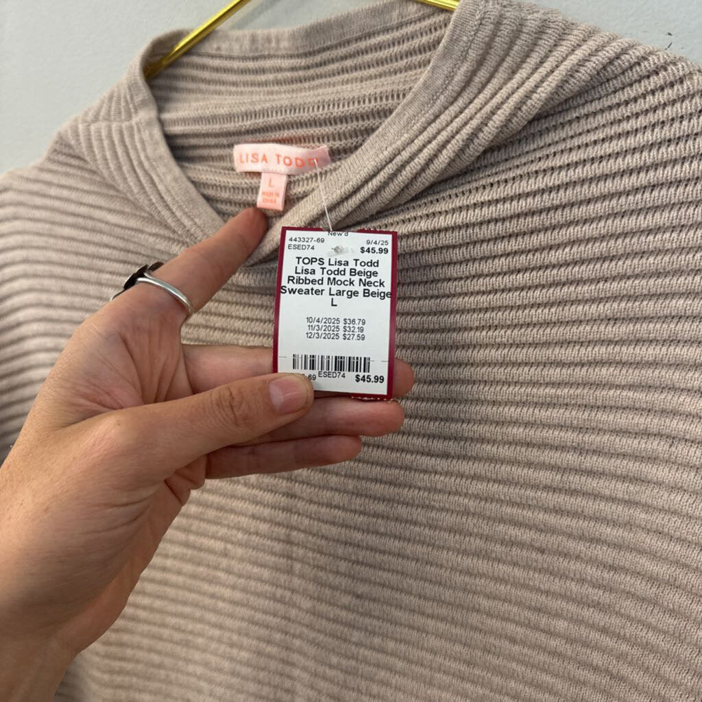 Lisa Todd Beige Ribbed Mock Neck Sweater Large