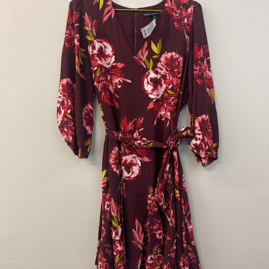 White House Black Market Burgundy/ Multi Flower Print Long Sleeve Tie Waist Dress 10