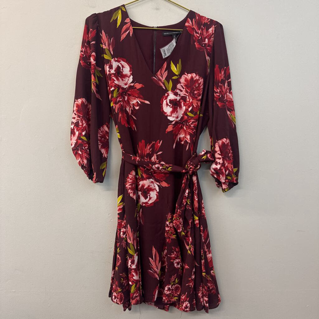 White House Black Market Burgundy/ Multi Flower Print Long Sleeve Tie Waist Dress 10