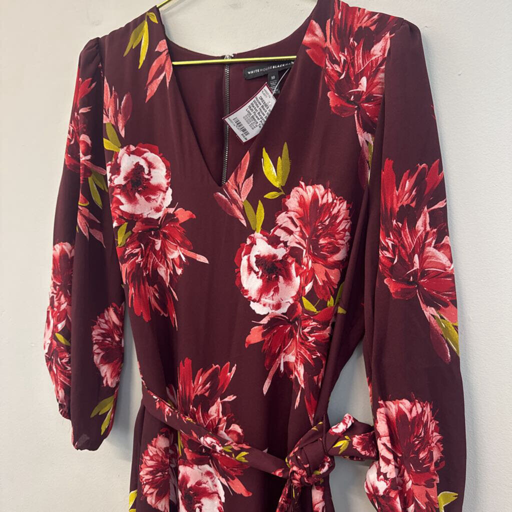 White House Black Market Burgundy/ Multi Flower Print Long Sleeve Tie Waist Dress 10