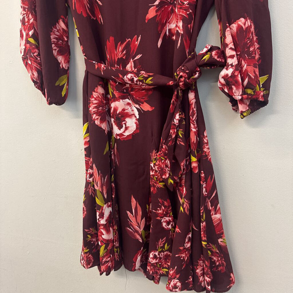 White House Black Market Burgundy/ Multi Flower Print Long Sleeve Tie Waist Dress 10