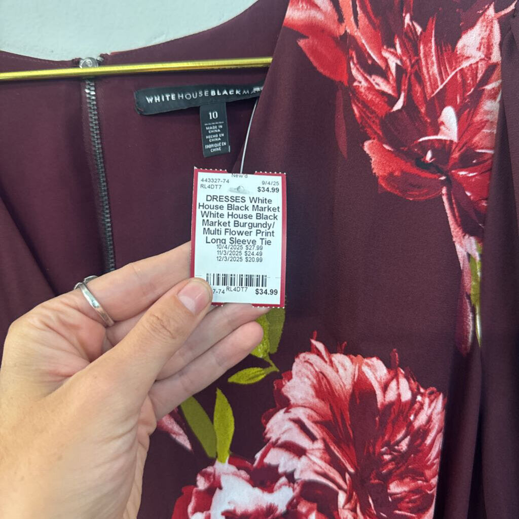White House Black Market Burgundy/ Multi Flower Print Long Sleeve Tie Waist Dress 10