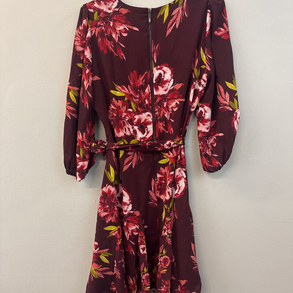 White House Black Market Burgundy/ Multi Flower Print Long Sleeve Tie Waist Dress 10