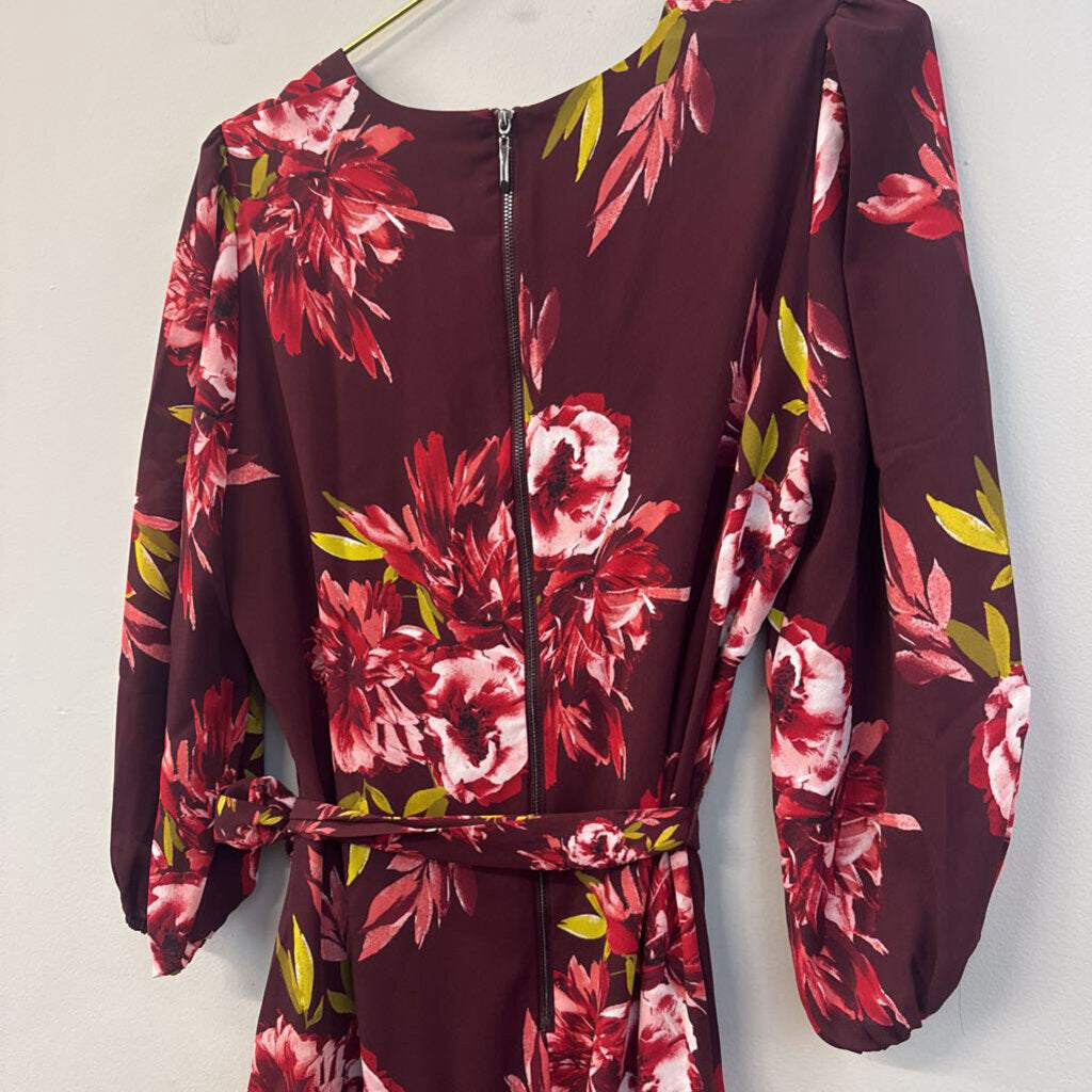 White House Black Market Burgundy/ Multi Flower Print Long Sleeve Tie Waist Dress 10