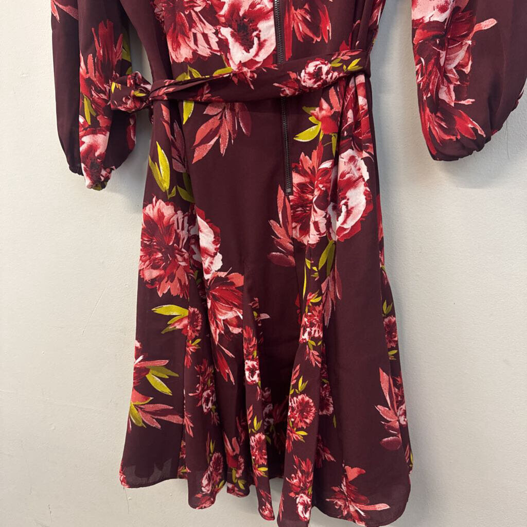 White House Black Market Burgundy/ Multi Flower Print Long Sleeve Tie Waist Dress 10
