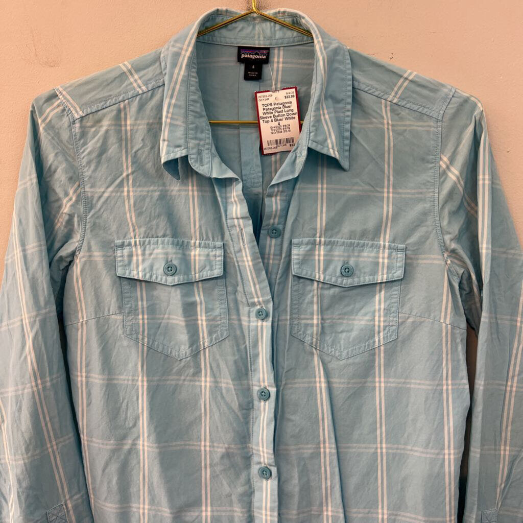 Patagonia Blue/ White Plaid Long Sleeve Button Down Top 4