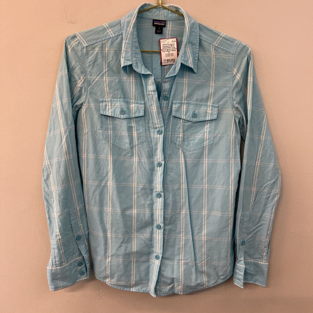 Patagonia Blue/ White Plaid Long Sleeve Button Down Top 4