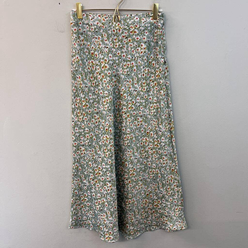Know One Cares Green/ White Floral Print Silky Midi Skirt Small