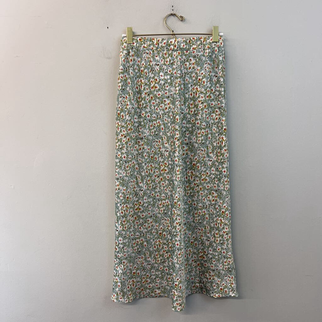 Know One Cares Green/ White Floral Print Silky Midi Skirt Small