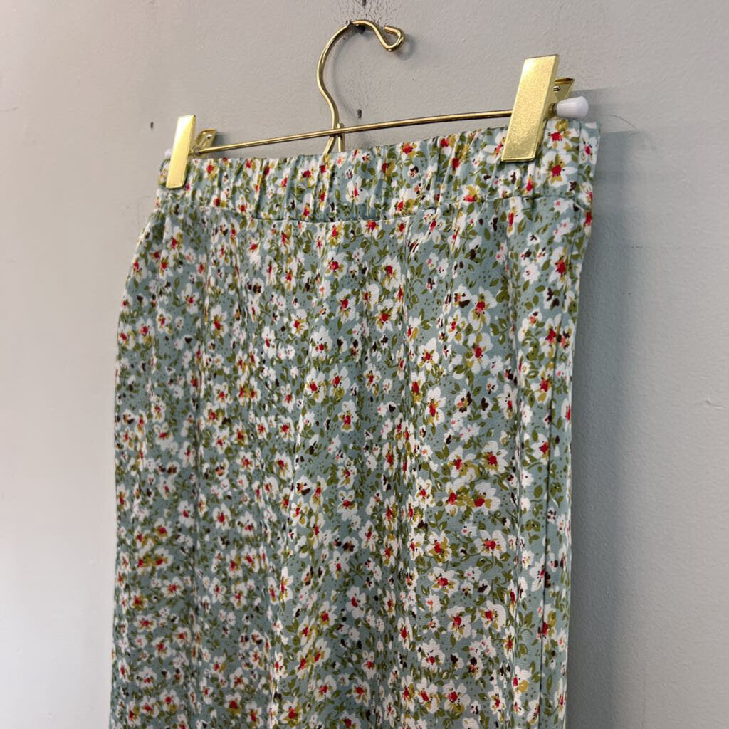 Know One Cares Green/ White Floral Print Silky Midi Skirt Small