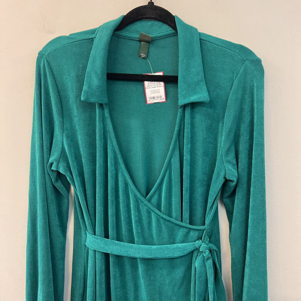 Green Stretchy Long Sleeve Tie Waist Dress Large