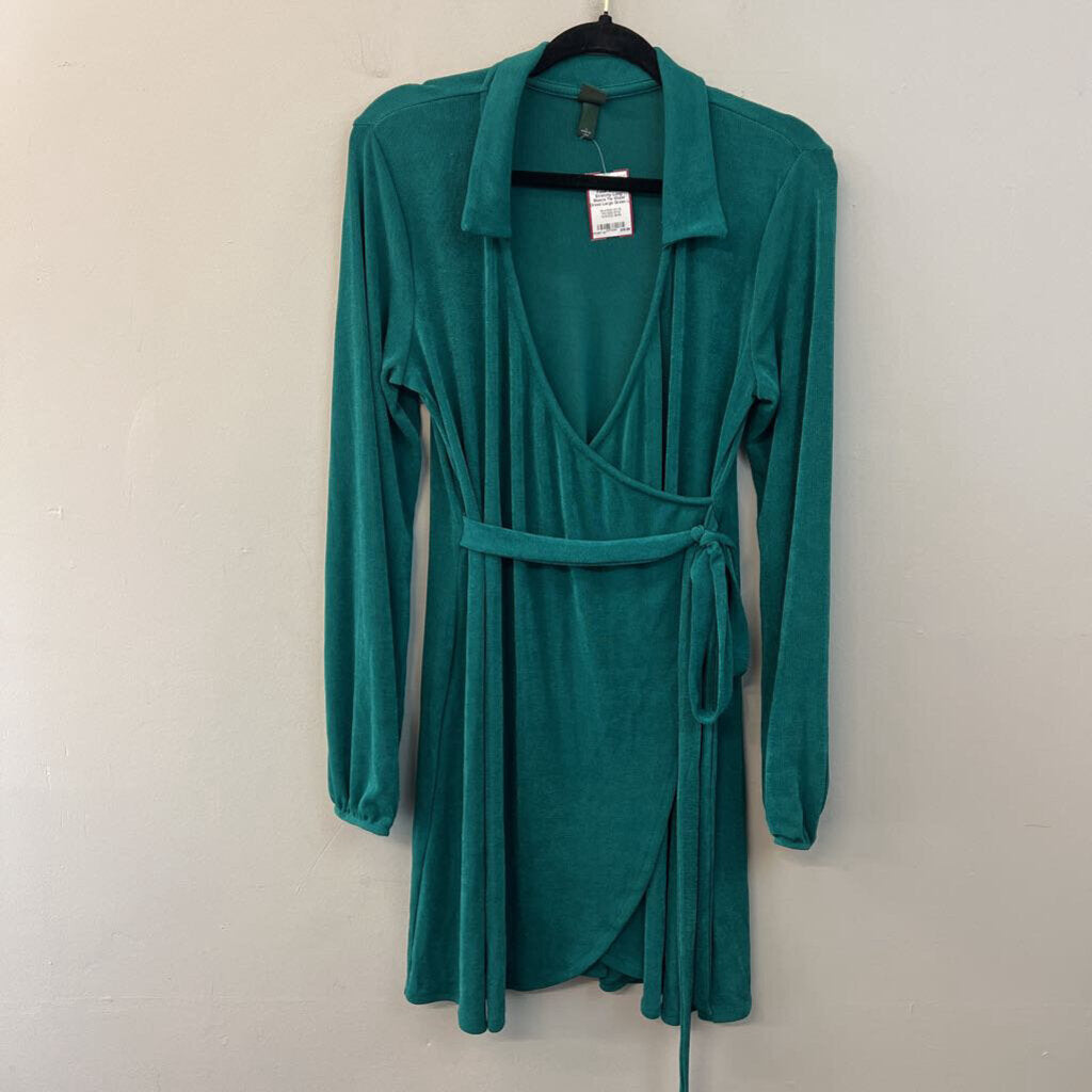Green Stretchy Long Sleeve Tie Waist Dress Large