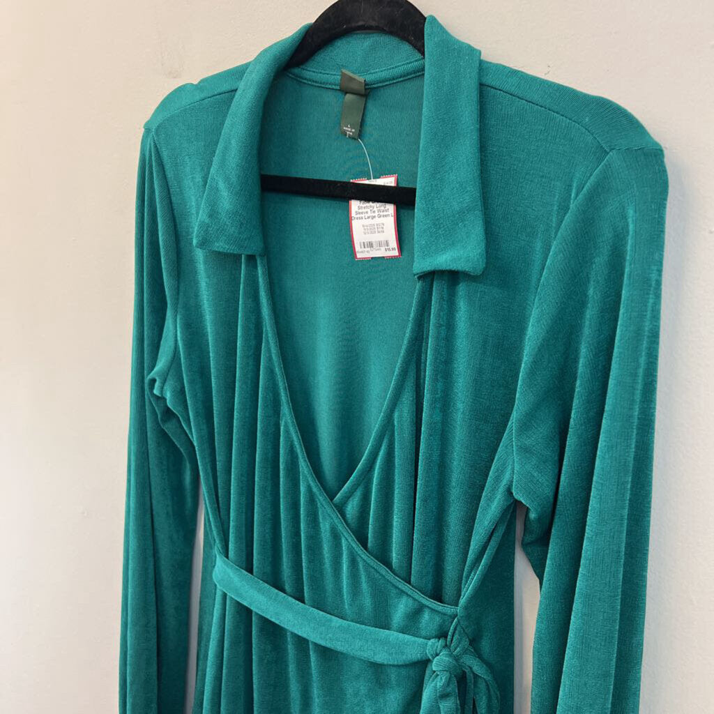 Green Stretchy Long Sleeve Tie Waist Dress Large