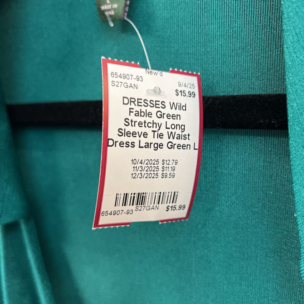 Green Stretchy Long Sleeve Tie Waist Dress Large