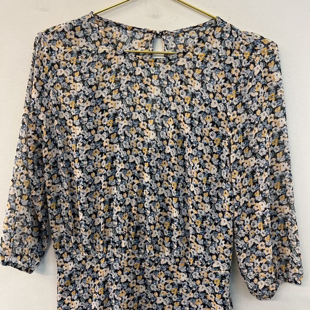 Abercrombie and Fitch Navy/ Yellow Flower Print Long Sleeve Dress Medium