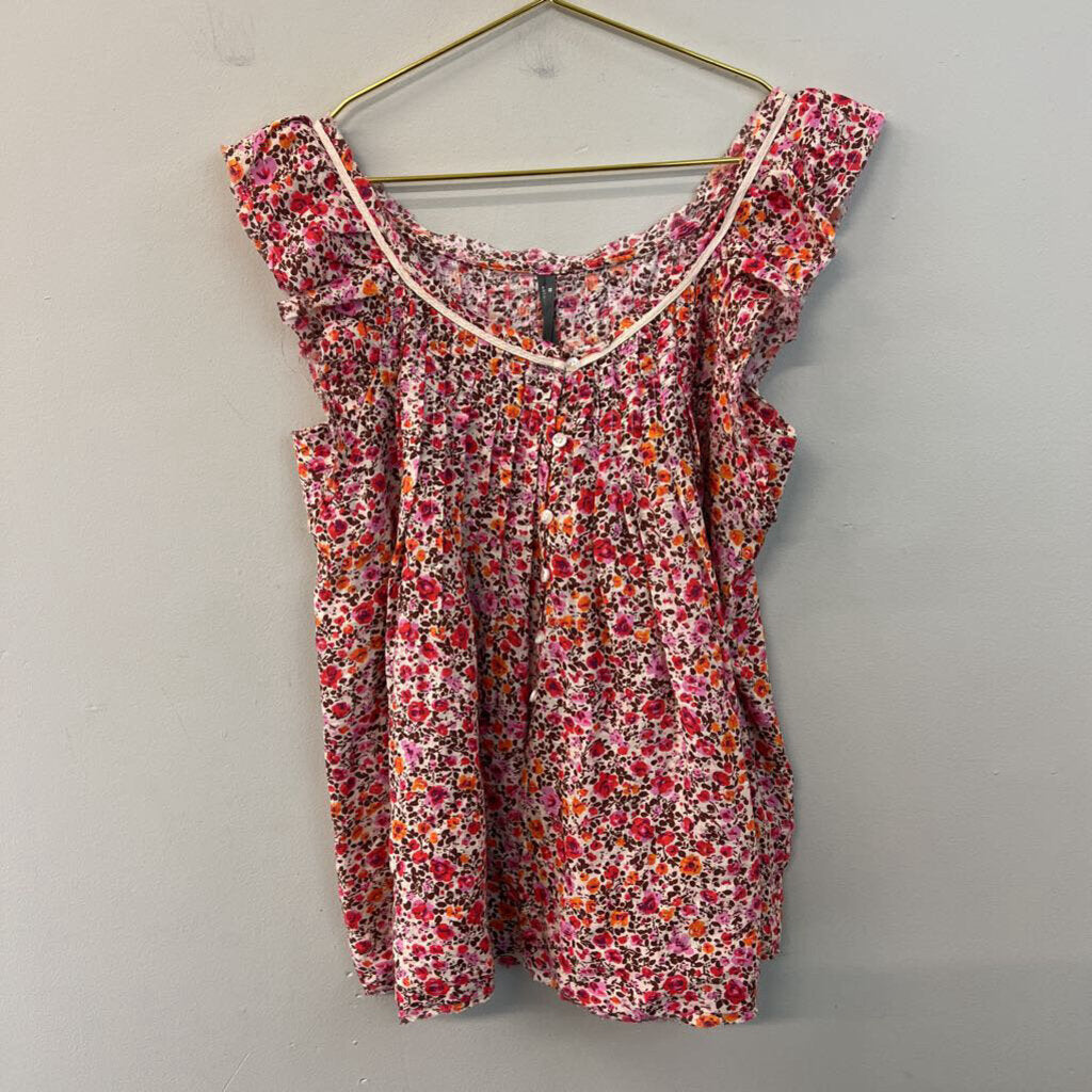 Anthropologie Pink/ Orange Flower Print Button Front Top Extra Small