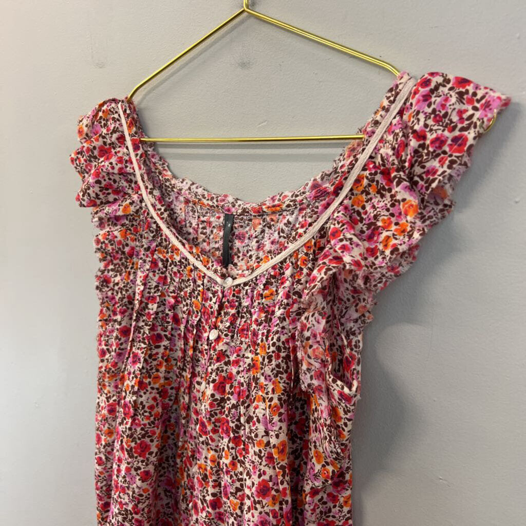 Anthropologie Pink/ Orange Flower Print Button Front Top Extra Small