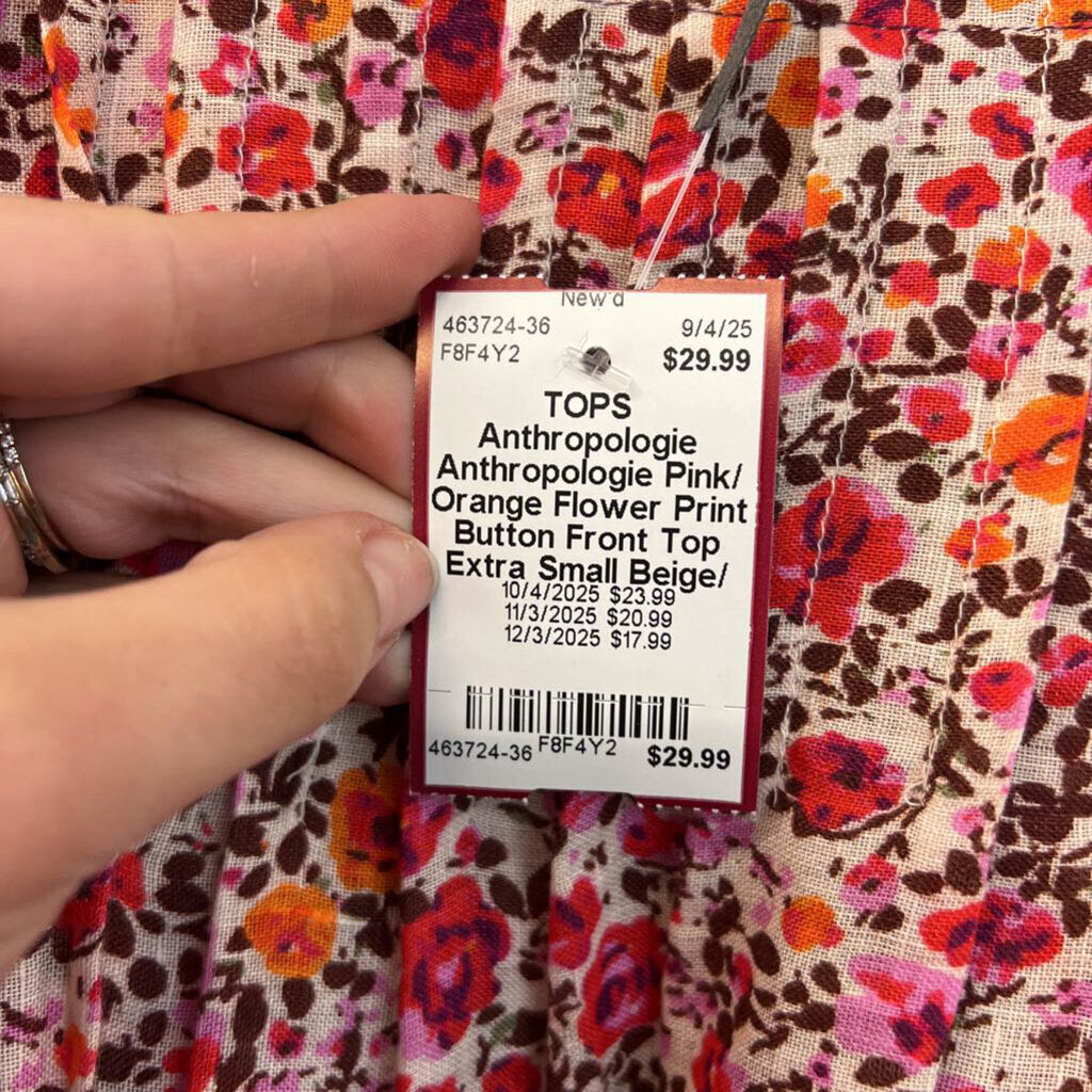 Anthropologie Pink/ Orange Flower Print Button Front Top Extra Small