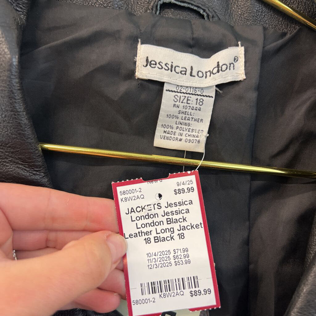 Jessica London Black Leather Long Jacket 18
