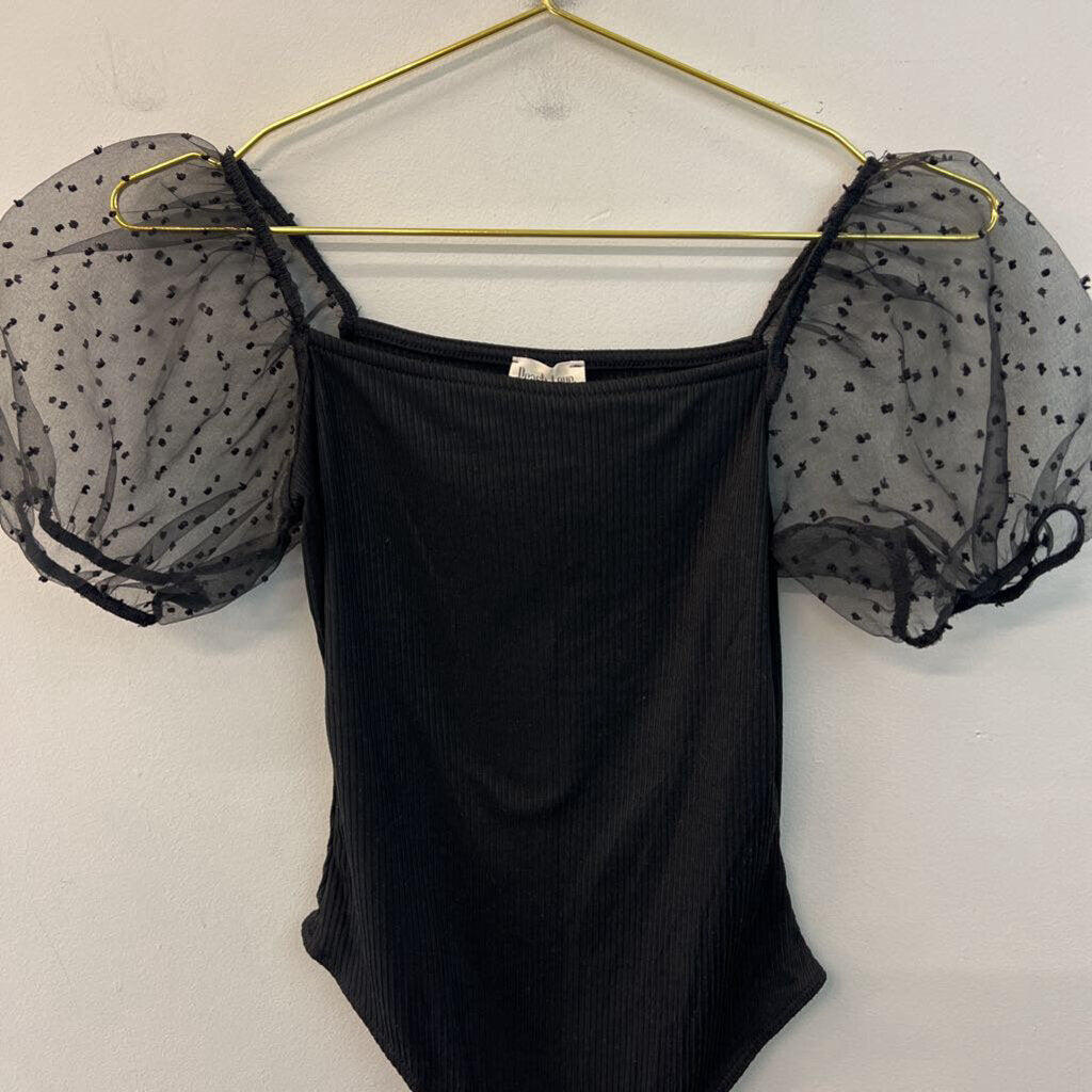 Peach Love Black Short Sheer Puff Sleeve Bodysuit Small