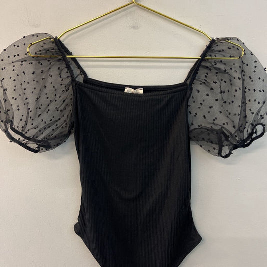 Peach Love Black Short Sheer Puff Sleeve Bodysuit Small