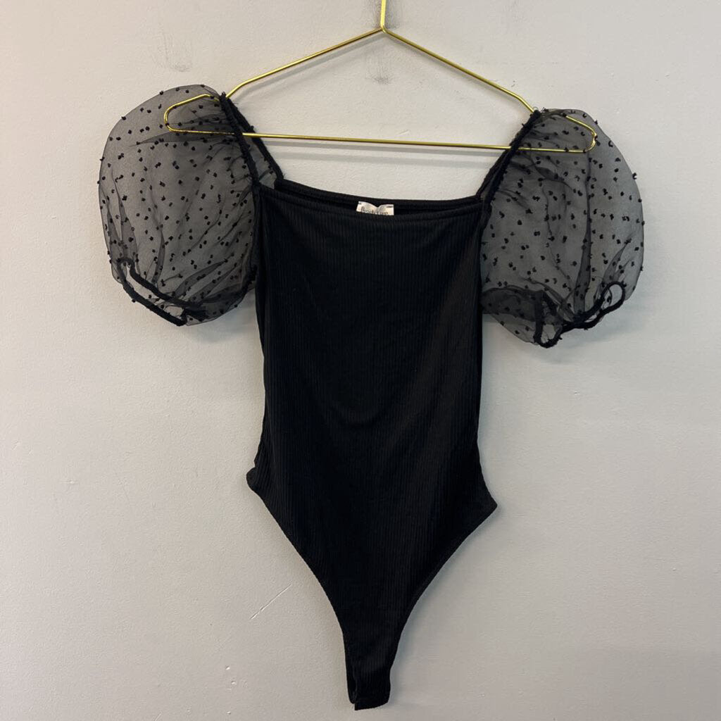 Peach Love Black Short Sheer Puff Sleeve Bodysuit Small