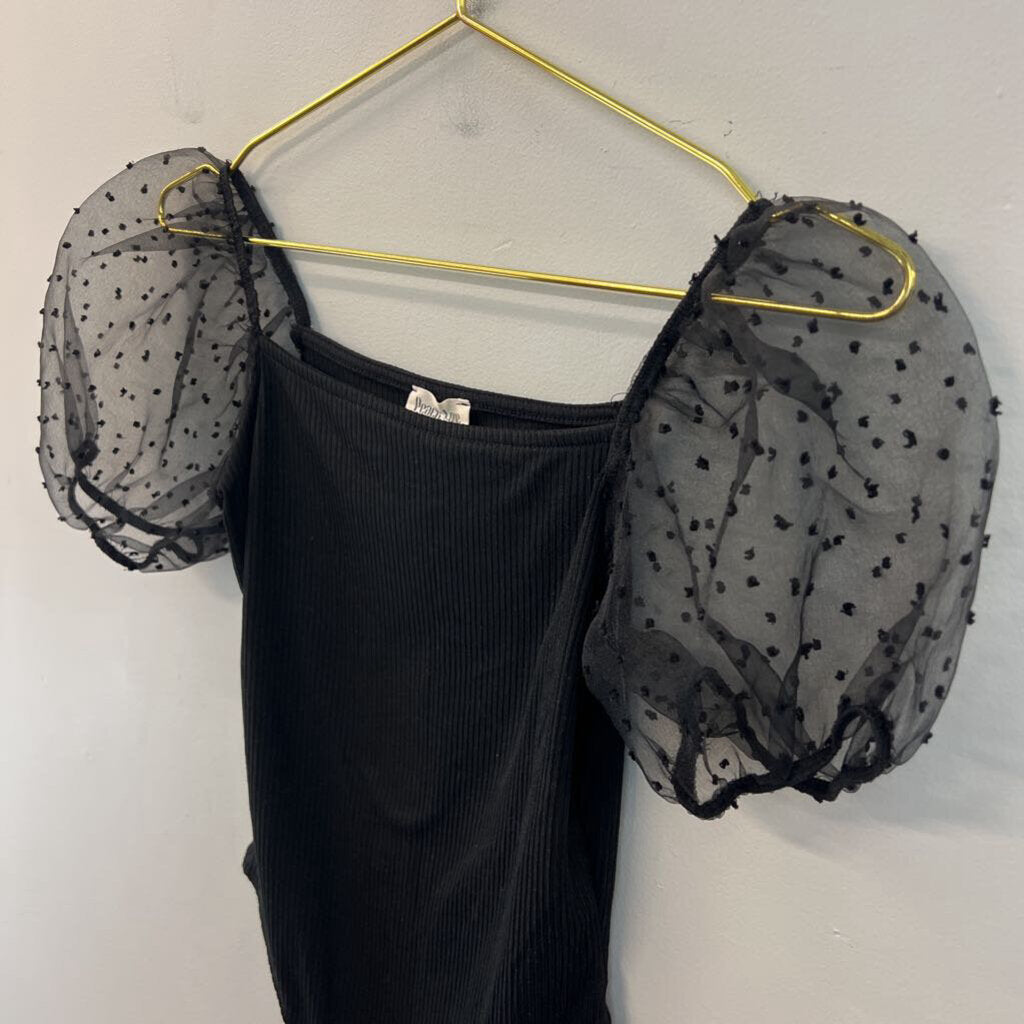 Peach Love Black Short Sheer Puff Sleeve Bodysuit Small