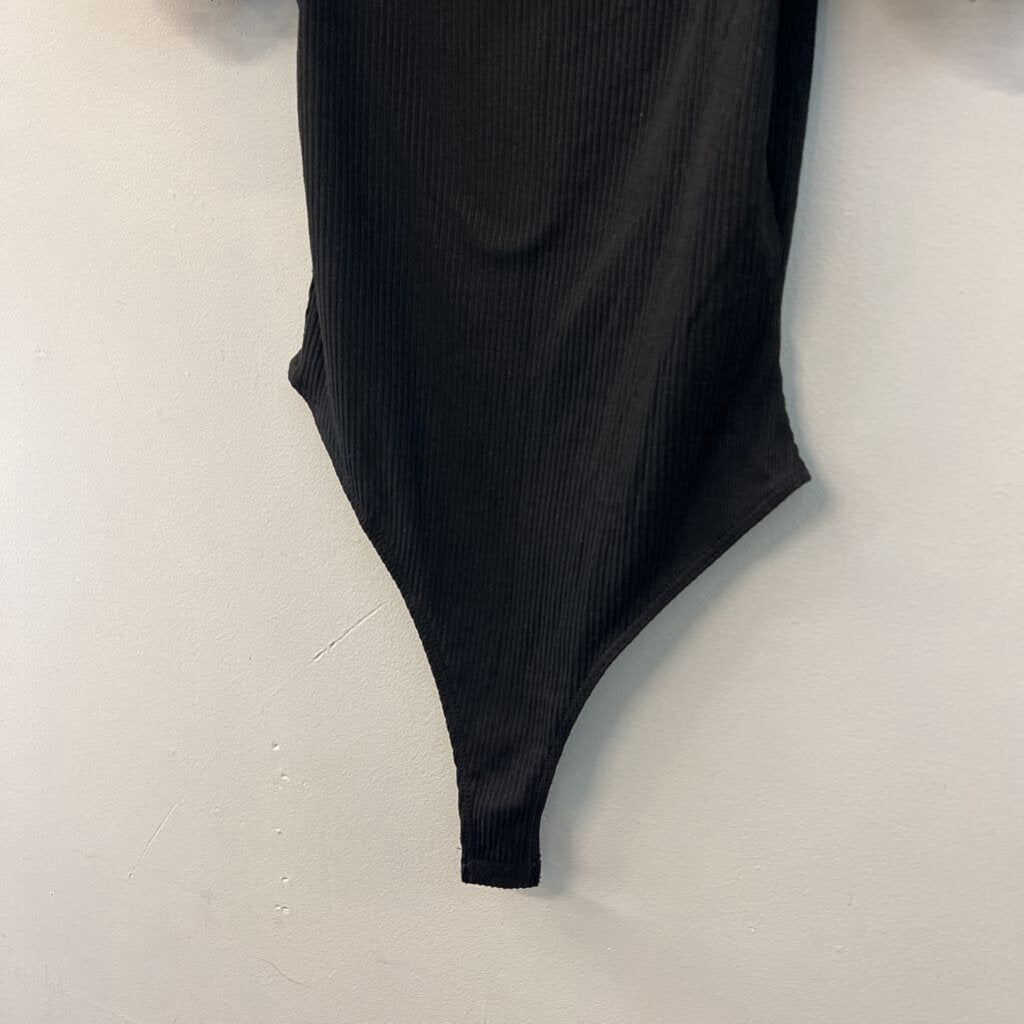 Peach Love Black Short Sheer Puff Sleeve Bodysuit Small