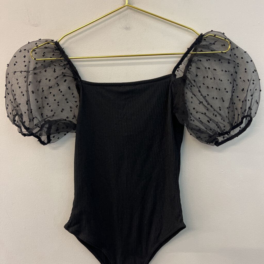 Peach Love Black Short Sheer Puff Sleeve Bodysuit Small
