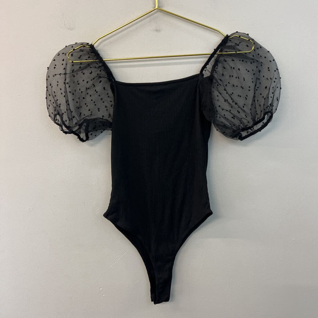 Peach Love Black Short Sheer Puff Sleeve Bodysuit Small
