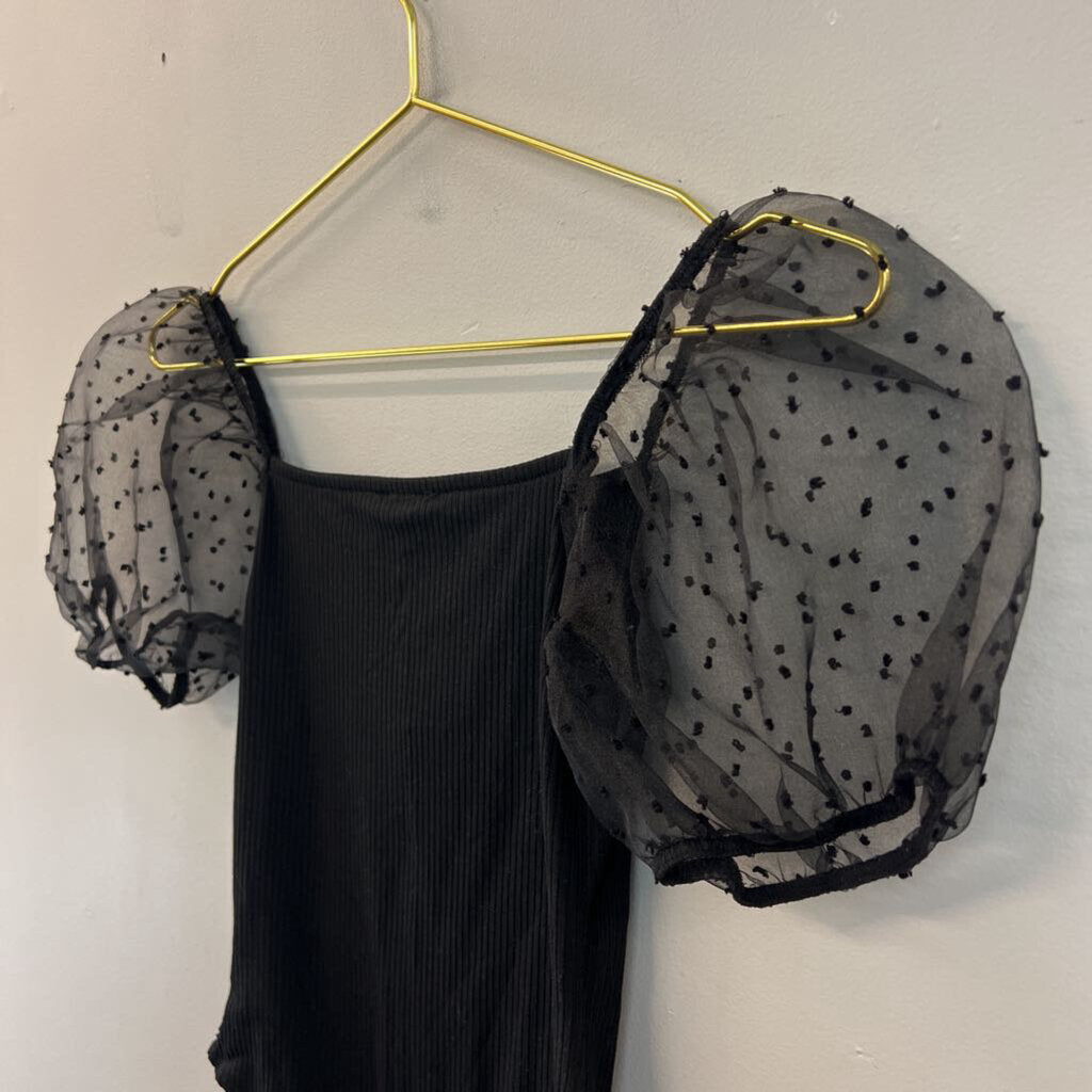 Peach Love Black Short Sheer Puff Sleeve Bodysuit Small