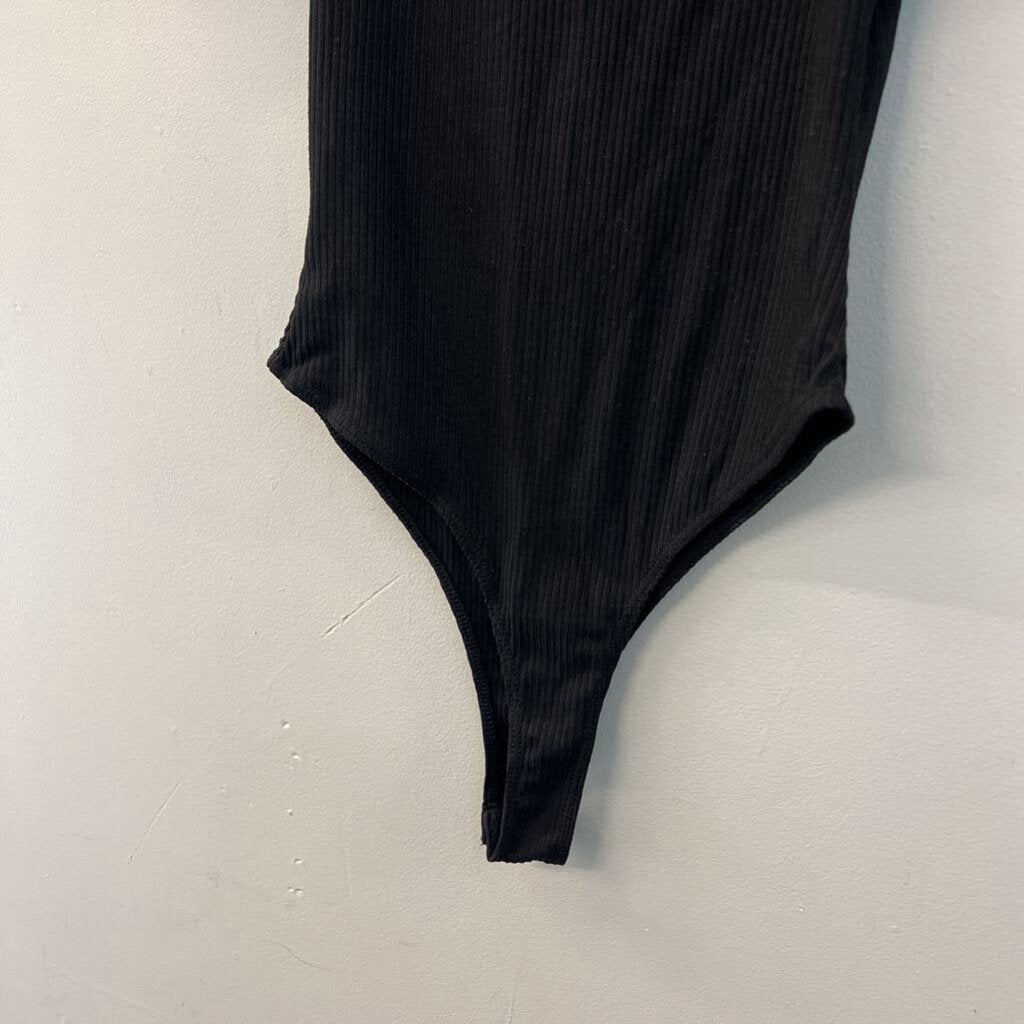 Peach Love Black Short Sheer Puff Sleeve Bodysuit Small