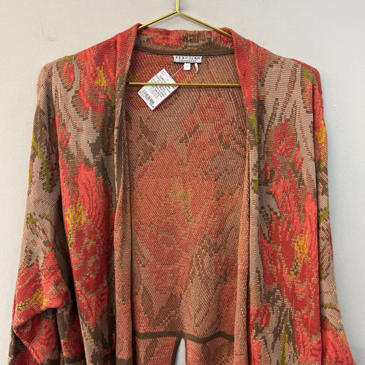 Peruvian Connection Orange/ Multi Print Long Sleeve Open Front Top Extra Large