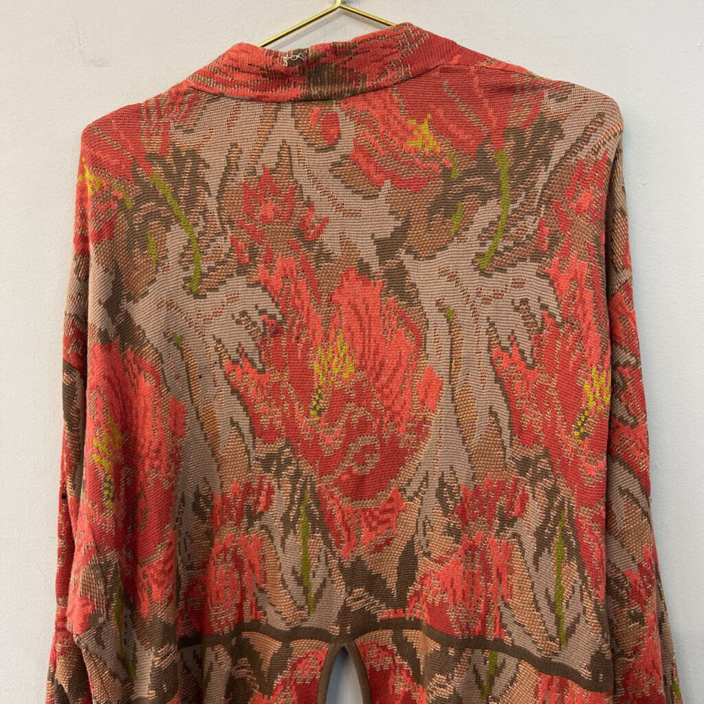 Peruvian Connection Orange/ Multi Print Long Sleeve Open Front Top Extra Large
