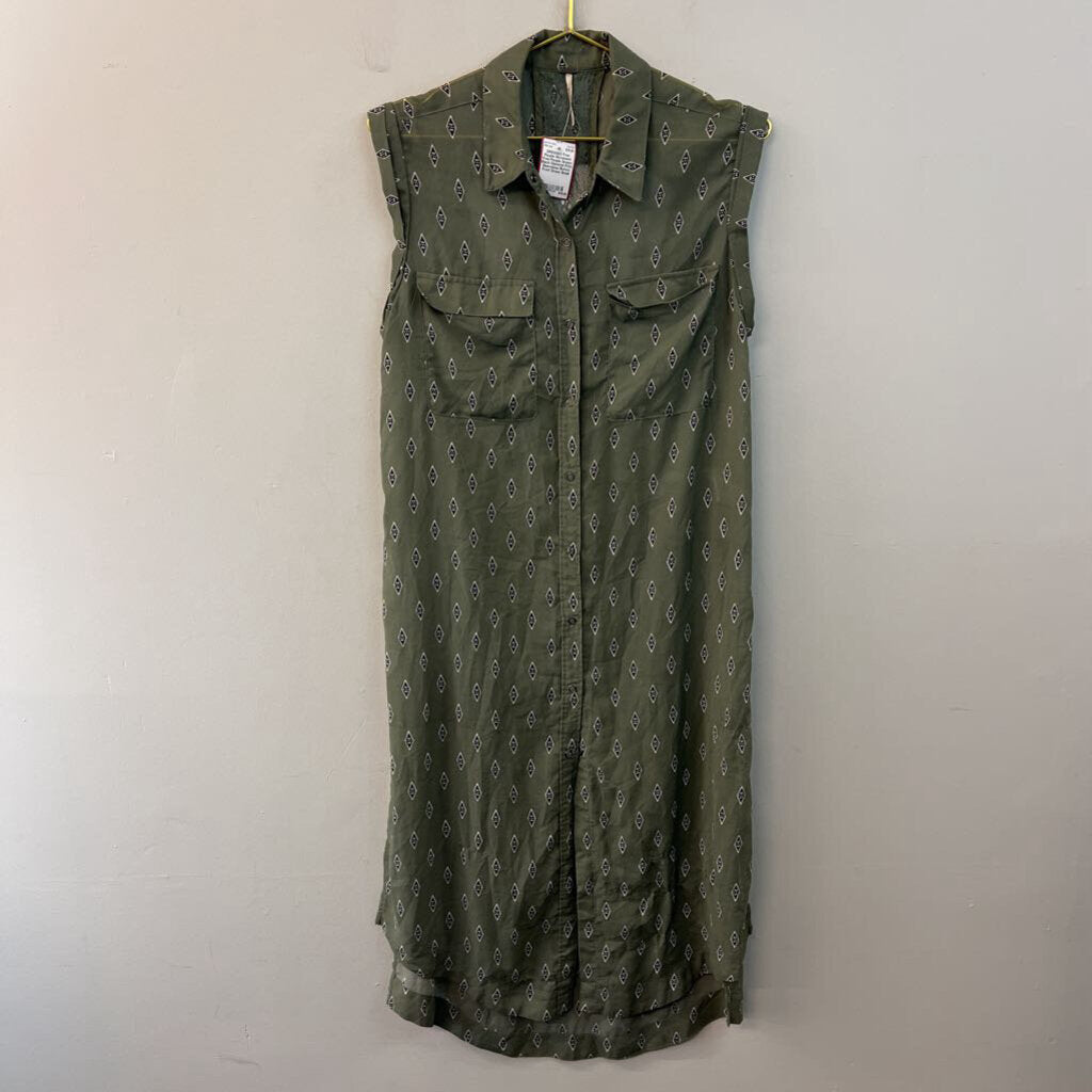 Free People Green/ Black Diamond Print Sleeveless Button Front Dress Small